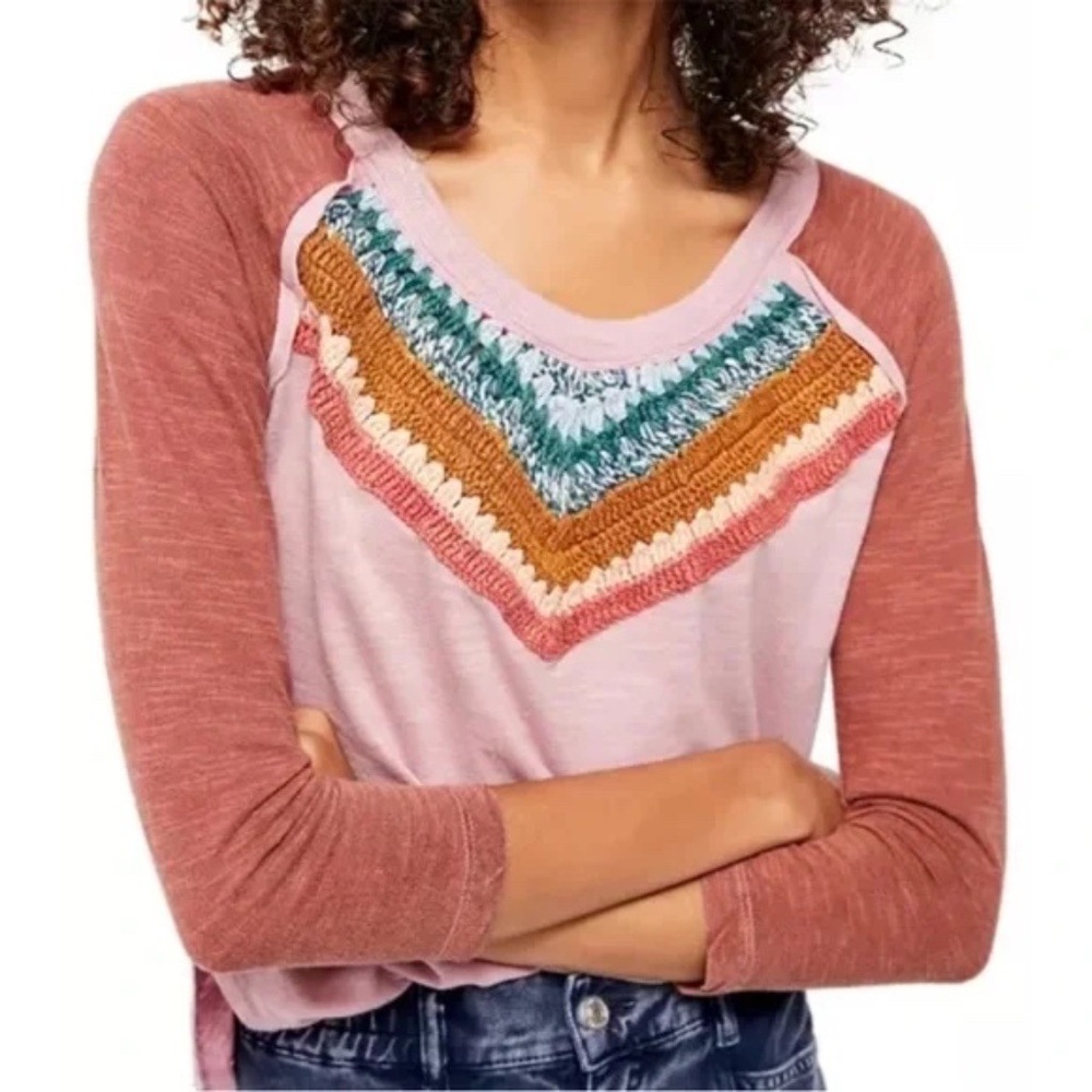 We The Free Crochet Raglan Tee- Pink, Sz. S